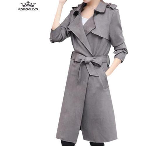 Tnlnzhyn 2019 New Spring Women Suede Trench Coat Casual Medium long Windbreaker Coat Fashion Belt Slim Trench Outerwear Y985