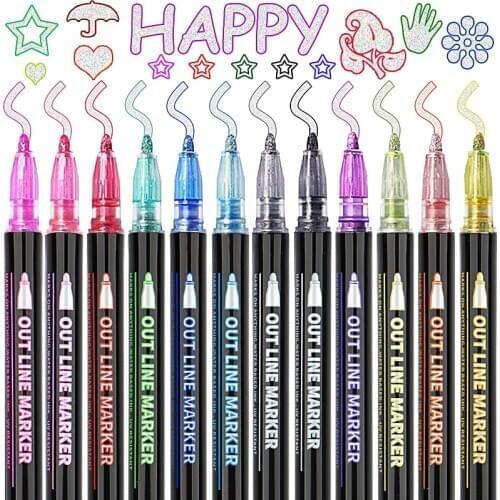 12 Color Metallic Color Marker Pen Double Line Outline Waterproof Paint Markers Craftwork Pens Art Painting School Supply