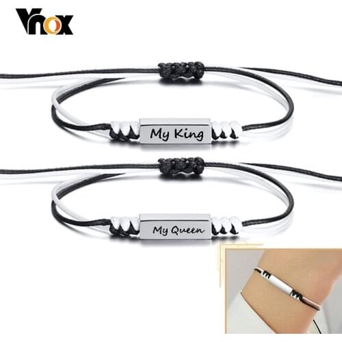 Vnox Customize Cube Name Bracelets for Women Men, Adjustable Rope 3D Cubic Square Bangle, Personalized Couple Gift