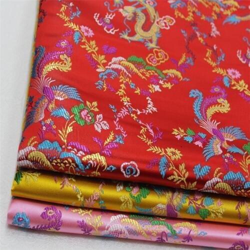 CF522 Red/Golden/Pink Dragon & Phoenix Embroidered Brocade Fabric Chinese Silk Stain Fabric For Chinese Couples Wedding Clothes