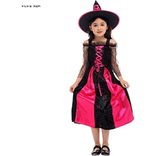 M-XL Gothic Pink Girls Halloween Witch Costumes Kids Children Sorceress Cosplay Purim Carnival Stage play Masquerade party dress