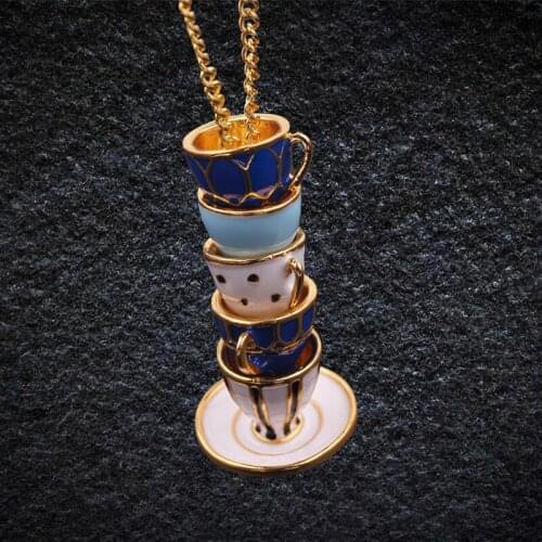 Long Tea Cups Stack Pendant Necklace Hand Made Teacup Sweater Chain Stereoscopic Enamel Jewelry Necklace Women Collar