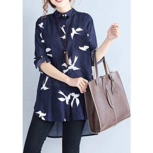 Cotton Linen Thin Printed Women Shirts 2021 Summer Vintage Long Navy Blue Casual Female Shirts Outwear Tops