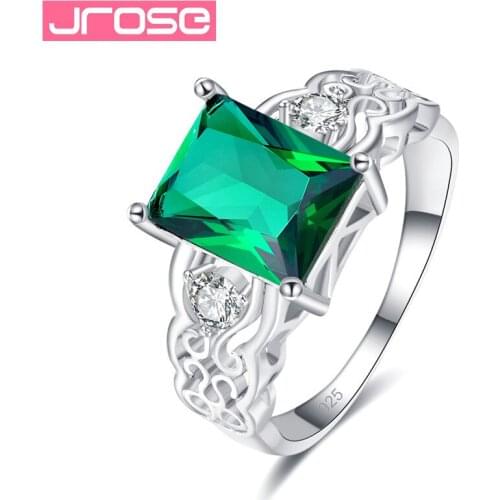 JROSE Big Geometric Flower Green Rainbow Zircon Engagement Silver Ring Popular Rhinestone Wedding Rings for Women Jewelry