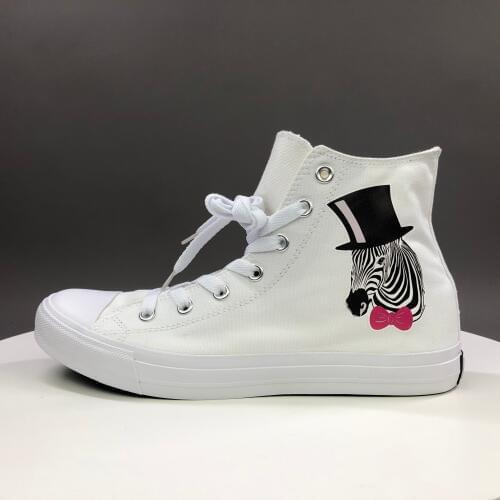 Wen Original Design Zebra with Black Hat Pink-bow Tie Canvas Shoes Men High Top White Women Sneakers Gym Shoes Laced Plimsolls