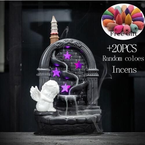 Angel Backflow Incense Burner Loving Heart Incense Holder Ceramic Home Office Decor Craft Creative Gifts + 20Pcs Incense Cones