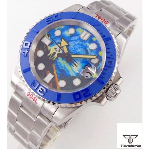 40mm Blue Face Mens Automatic Watch Japan NH35 Movement Sapphire 904L Bracelet Glide Lock Buckle Date Cyclops Ceramic Insert