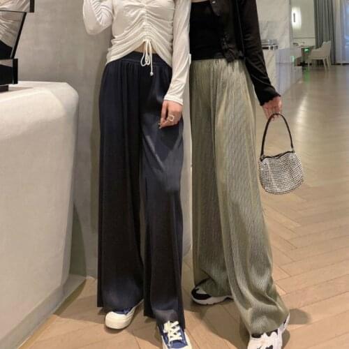 2021 New Lady Slacks Womens Loose Summer Cool Pants Casual Soft Ice Silk Long Wide Leg Pants Women High Waisted Thin Trousers