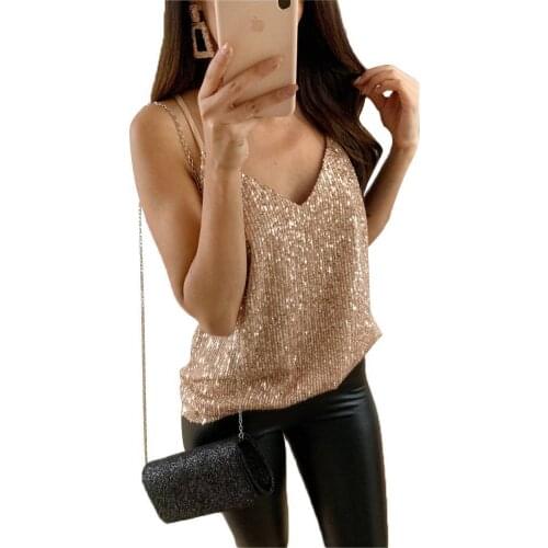 2021 New Spring Fashion Sling Sexy V Neck All-Match Vintage Sling Sleeveless Sequined Solid Slim Holiday Party Casual Tops