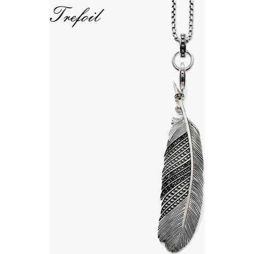 Link Chain Necklace Black CZ Feather , Fashion 925 Sterling Silver Jewelry Collar Hombre Punk Gift For Men Women Boy Girls 2018