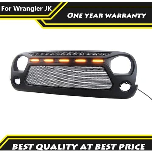 Front Grill Cover Matte Black With Amber LED Fit For 2007-2017 Jeep Wrangler JK Off-Road 4x4 Racing Grille Auto Parts