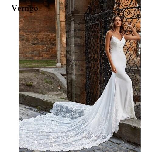 Verngo Sexy Spaghetti Straps Mermaid Wedding Gowns Lace Applique Long Train Low Back Bride Dresses Stretch Satin Bridal Dress
