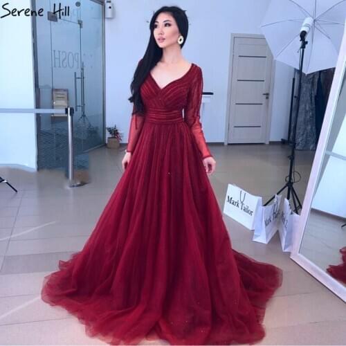 Wine Red A-Line Long Sleeves Prom Dresses 2020 Dubai V-Neck Beading High-end Party Gowns 2020 Serene Hill DLA70668