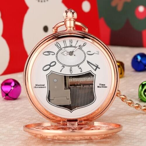 Rose Gold Merry Christmas Hand Crank Music Quartz Pocket Watch Unique Playing Music Fob Watch New Year Xmas Gifts for Men Women