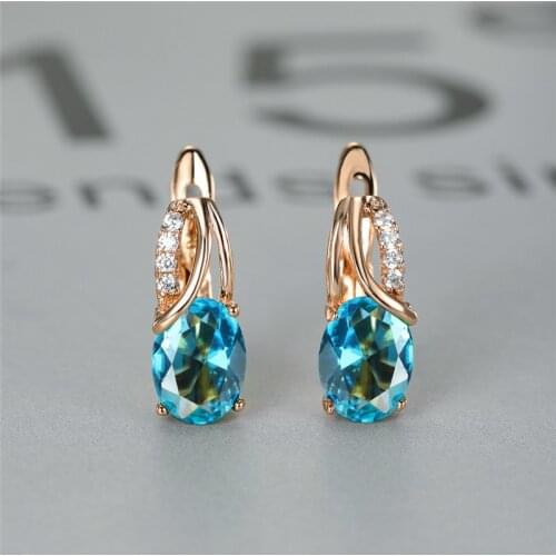 Aqua Blue Zircon Oval Stone Earrings Multicolor Crystal Hoop Earrings Rose Gold Color Engagement Earrings For Women Boho Jewelry