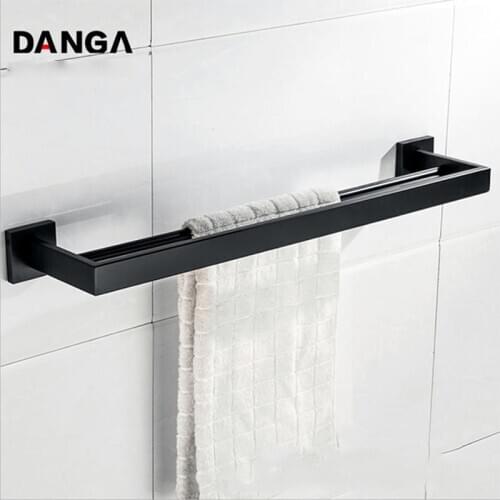 60cm Storage Rod Towel Rack Black Bathroom Shelf Double layer Towel Holder Wall Mounted Towel Hanger 304 Stainless Steel Shelves