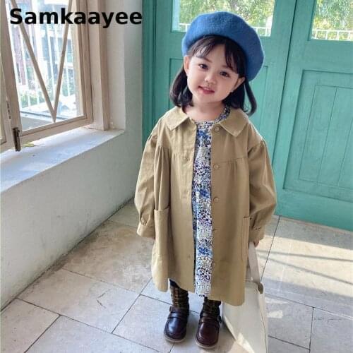 2-9y Girls Trench Spring Autumn Kids Long Jacket Baby Windbreaker Childrens Solid Color Coats Peter Pan Collar Loose Clothing 4
