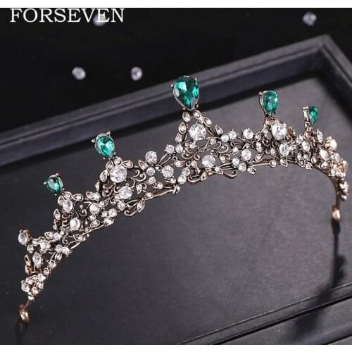 Vintage Bridal Hair Ornament Crown Green Crystal Tiara Bride Wedding Hair Jewelry Rhinestone Crown Women Headpieces Bijoux Femme