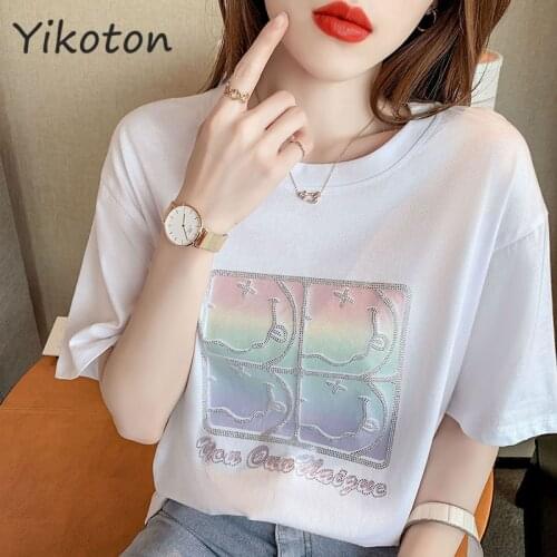 Women Cotton T Shirt Casual Short Sleeve Tshirt Femme 2021 Summer Womens Clothing O-Neck Lady Tops White Diamon Basic Shirt New