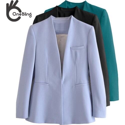 OneBling 2021 Za Woman Casual Traf Green Jacket Autumn Hooks Closed Long Sleeve Pockets Slim Blazers Office Lady Coats Female