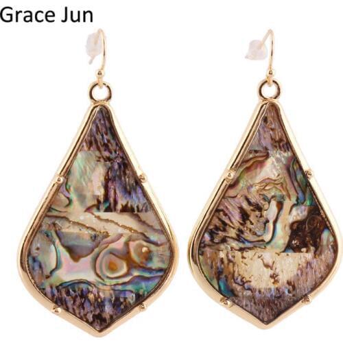 Grace Jun High Quality Gold Color Abalone Shell Teardrop Large Drop Dangle Earrings for Women Party Wedding Statement Earrings