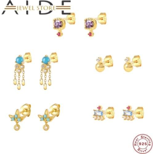 Aide plata de ley 925 Pendientes Bohemian Turquoise Earrings 925 Silver Stud Earring Colorful Bling Zircon Wedding Jewerly Gift