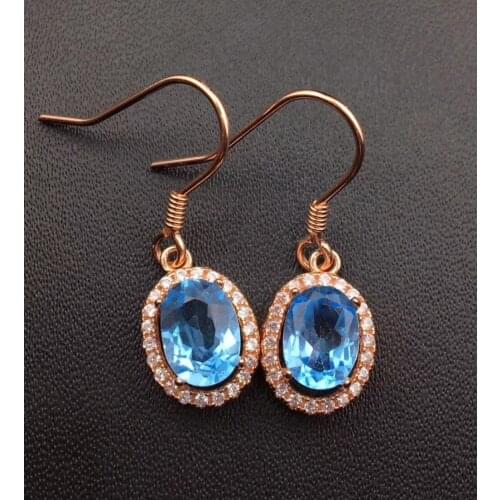 Fashion Elegant round natural blue topaz drop earrings Natural gemstone earrings 925 silver female wedding earrings jewelry