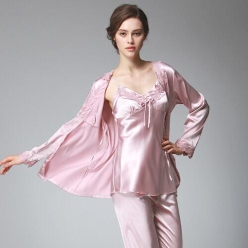 Women Spring Summer Sexy Silk Pajamas Sets Satin Sleep Suit Cute Nightwear Home Clothes Sleepwear 3 Pieces Pyjama Set