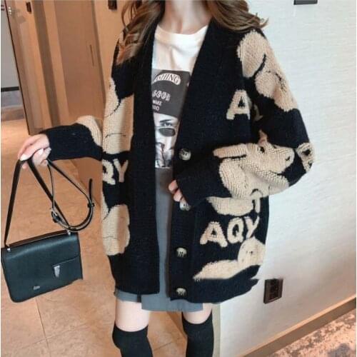 New Fashion Korean Womens Casual Sweater and Cardigan Long Sleeve V-neck Button Oversized Jacket Cardigan NS4848