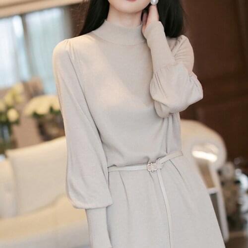 2021 Fall Knitted Dress For Women Winter Elegant Batwing Sleeve Half High Collar Long Black Slim Dresses Belted Vestidos DR018