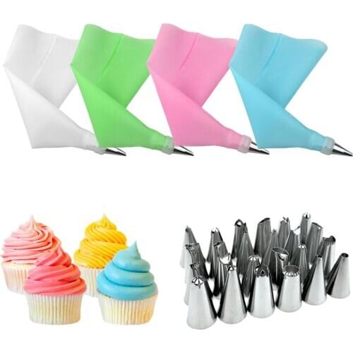 26Pcs/Set Silicone Pastry Bag Tips DIY Kitchen Baking Cake Decorating Tools Reusable Piping Bags+24 Nozzle Set+1 Converter