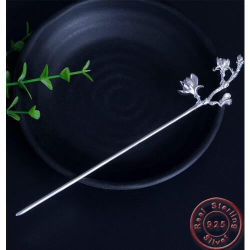 Amxiu Handmade 925 Sterling Silver Hair Jewelry Vintage Style Magnolia Flower Hair Sticks Accessories For Women Long Hair Bijoux