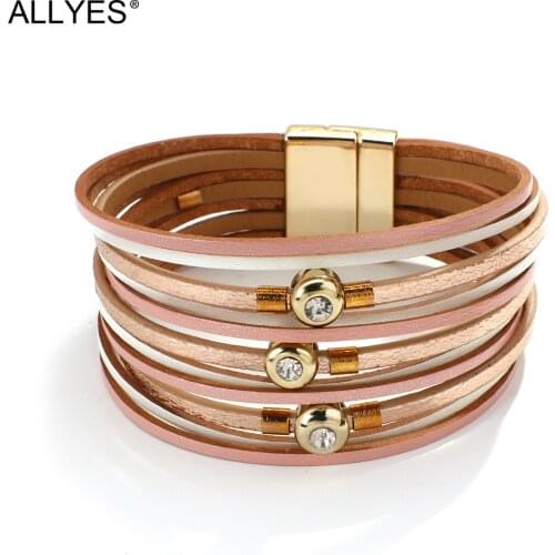 ALLYES Simple Shiny Multilayer Slim Strips Leather Bracelet for Women Rhinestone Charm Wrap Bracelets Casual Female Jewelry