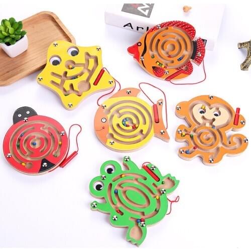 Baby Wooden Magnetic Maze Educational Montessori Toys Animals Labyrinth Track Handwriting Pen Push Beads Puzzle Toy For Kids