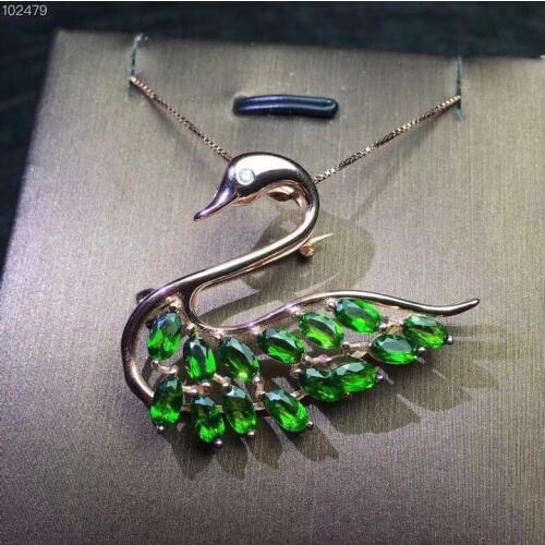 Swan Natural And Real Diopside brooch Free shipping Natural real Diopside 925 sterling silver brooch
