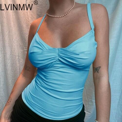 LVINMW Straps Sleeveless Solid Chic Slim Tank Folds Skinny Casual Daily Girls Crop Top Backless Low Cut Women Tops Streetwear