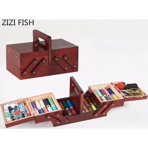 Storage Wood Box Sewing Kit Needle Tape Scissor Multifunction Threads Sewing Tools Accessory Sewing Kits For Home&Travelling