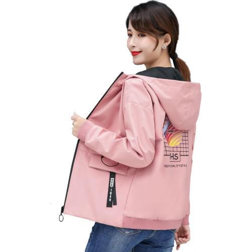Fashion Women Short Jacket Coat Pocket Zipper Hooded Two Side Wear Print Outwear Loose Windbreaker Plus Size Spring Autumn 2019