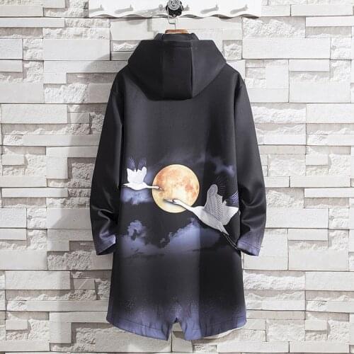 2021 Crane Windbreaker Mens Long Large Size Trend Thickening Kimono Jacket Hooded Casual Loose Robe Windbreaker Men