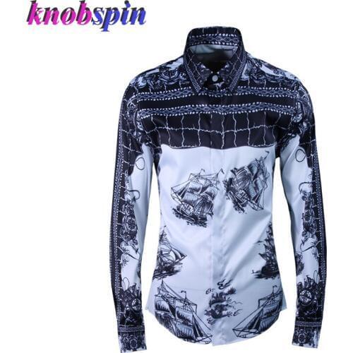Big Size 3XL 4XL Slim Men Shirt 2019 Fashion Sailing pattern digital Printed Chemise homme Casual long sleeve shirts men Camisas