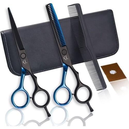 Black with Blue Color Cutting and Thinning 6 Inch and 5.5 Inch Hair Shear Scissors Set