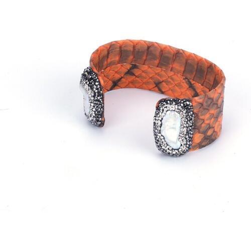 Natural Double Irregular Freshwater Pearl End Bead Charm Pave Rhinestone Orange Dark Red Real Leather Big Wide Open Bangle Cuff