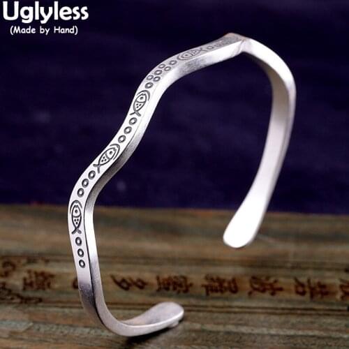 Uglyless Curved like a Wave Creative Bangles for Women Swimming Fishes Bangles Real 999 Pure Silver Thai Silver Animals Jewelry