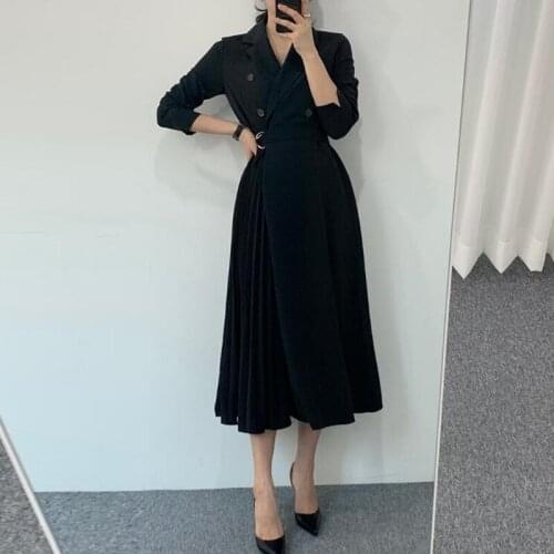 ZAWFL 2021 Autumn Elegant Double-Breasted V-Neck Lace-up Belt Office Dress Women Long Sleeve Slim Waist A-Line Pleated Dress