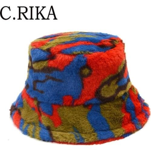 Autumn Winter Camouflage Faux Fur Bucket Hats Women Girl Fashion Warm Soft Velvet Fisherman Hat Ladies Outdoor Vacation Panama