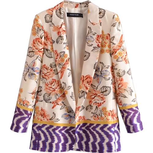 Za Women Fashion Retro Printing Blazers Coat Vintage Long Sleeves Outerwear And High waist Casual Pants 2-piece Set