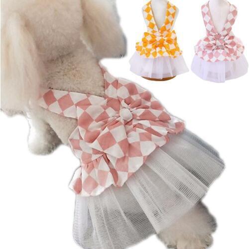 Sexy V-neck Dog Dress Rhombus Geometric Pattern Pet Dress For Dog Summer Big Bowknot White Tulle Skirt Clothes Dog Pets S,M,L,XL
