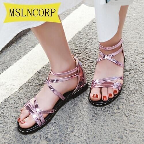 Big Size 34-43 Women Summer Flat Bling Patent Leather Ladies Sandals Comfortable Flat Sandal Open Toe Beach Shoes Woman Footwear