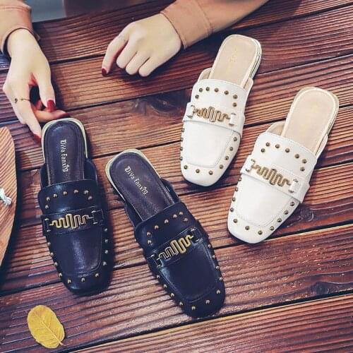 Summer Fashion High Heels Rivet Premium Leather Shoes for Women Plus Size Office Mules Solid Ladies Slipper Woman Pumps Slides