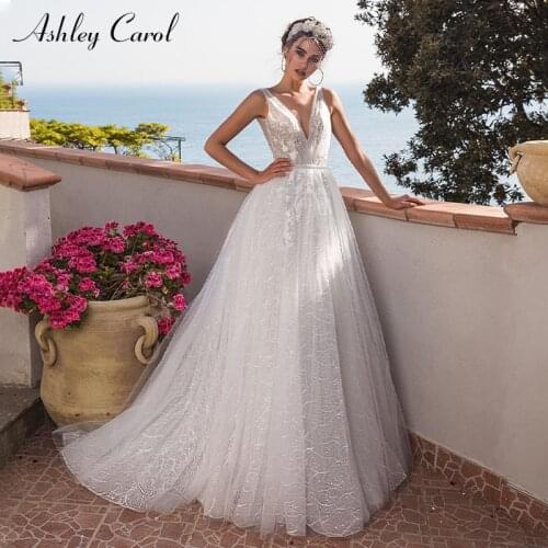 Ashley Carol A-Line Wedding Dress 2021 Glamorous Square Collar Bride Sleeveless Backless Shining Tulle Princess Bridal Gown